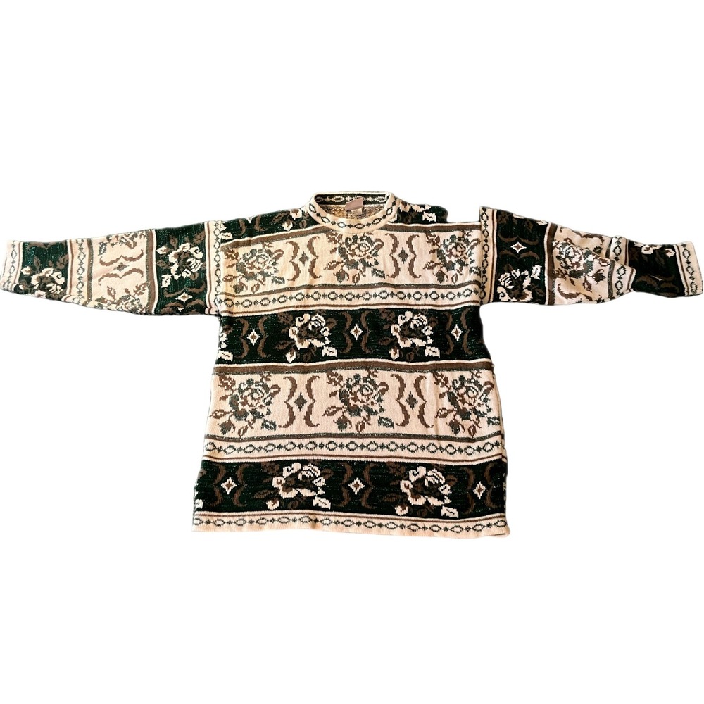 Vintage Floral Metallic Lurex Sweater Green Cream Sz S Luxury Irish Fall Chic